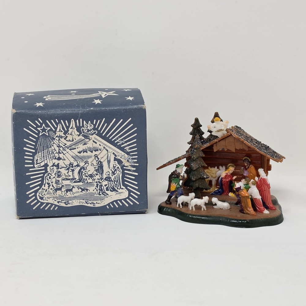 Vintage Shiny Brite Miniature Plastic Glitter Nativity Scene + Original Box